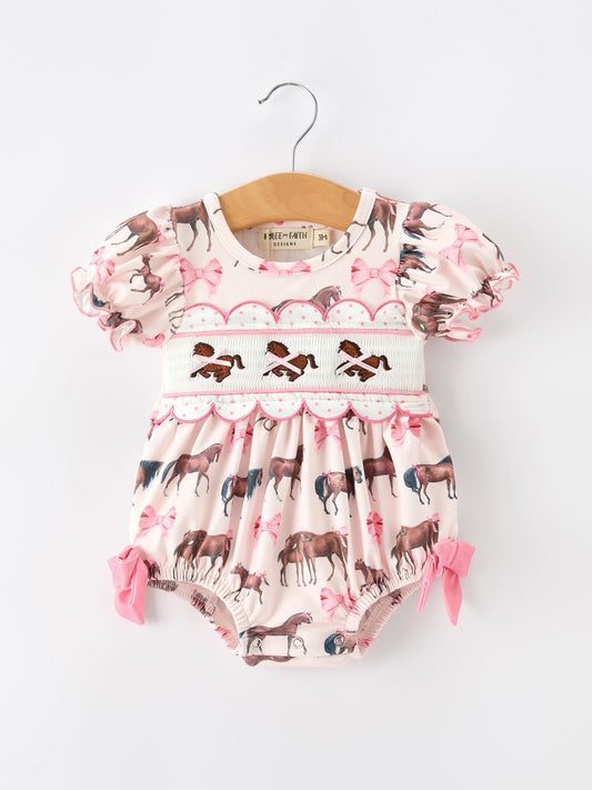 Western Horse Smocked Girls Romper Bow Ruffle Short Sleeve - Abbies Place