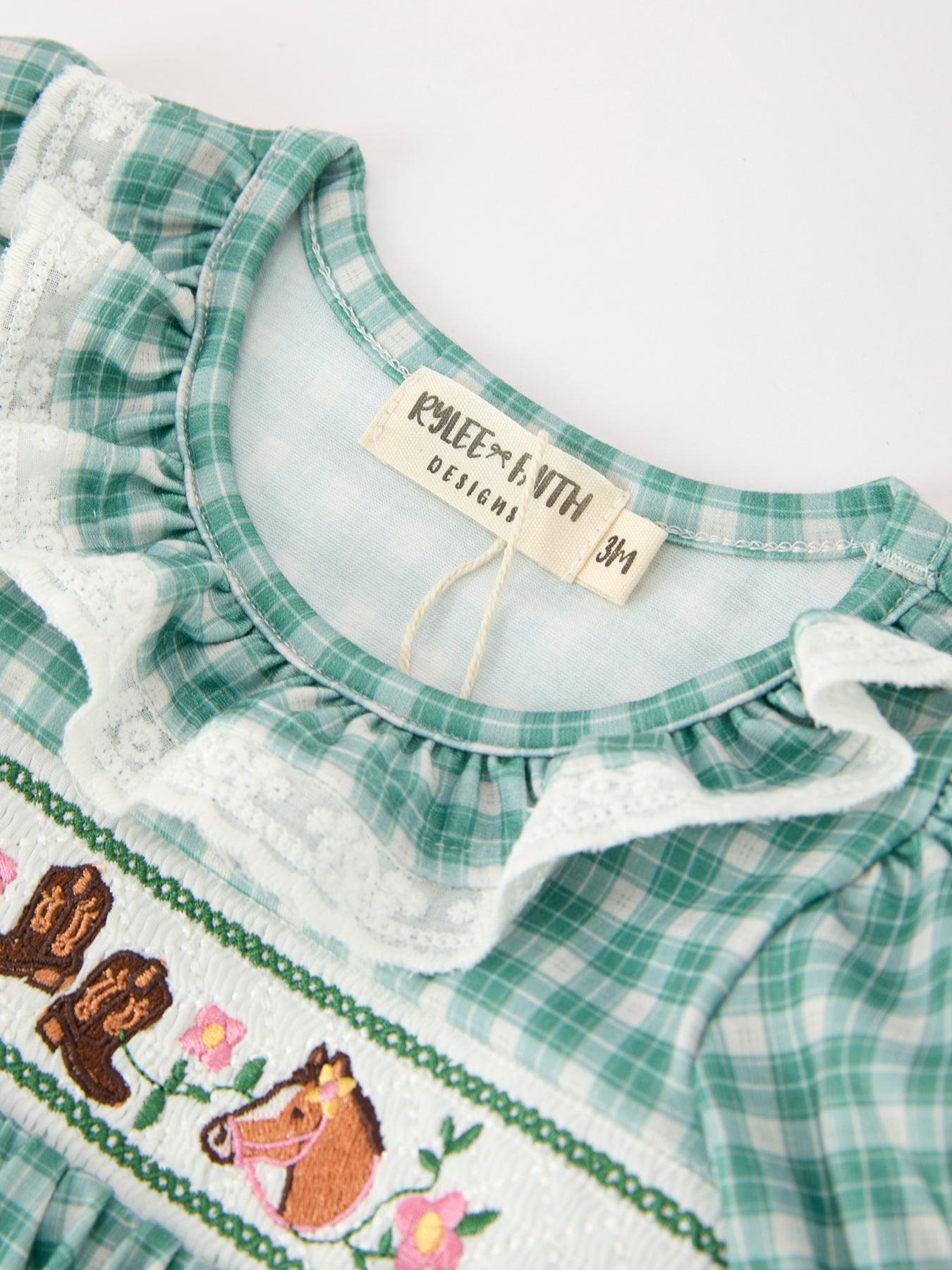 Western Plaid Horse Embroidered Girl Bubble Romper - Abbies Place