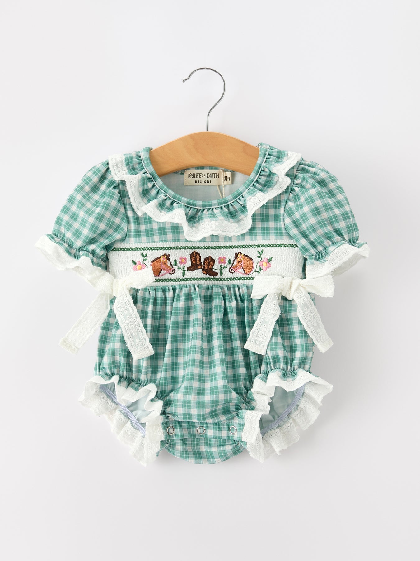 Western Plaid Horse Embroidered Girl Bubble Romper - Abbies Place