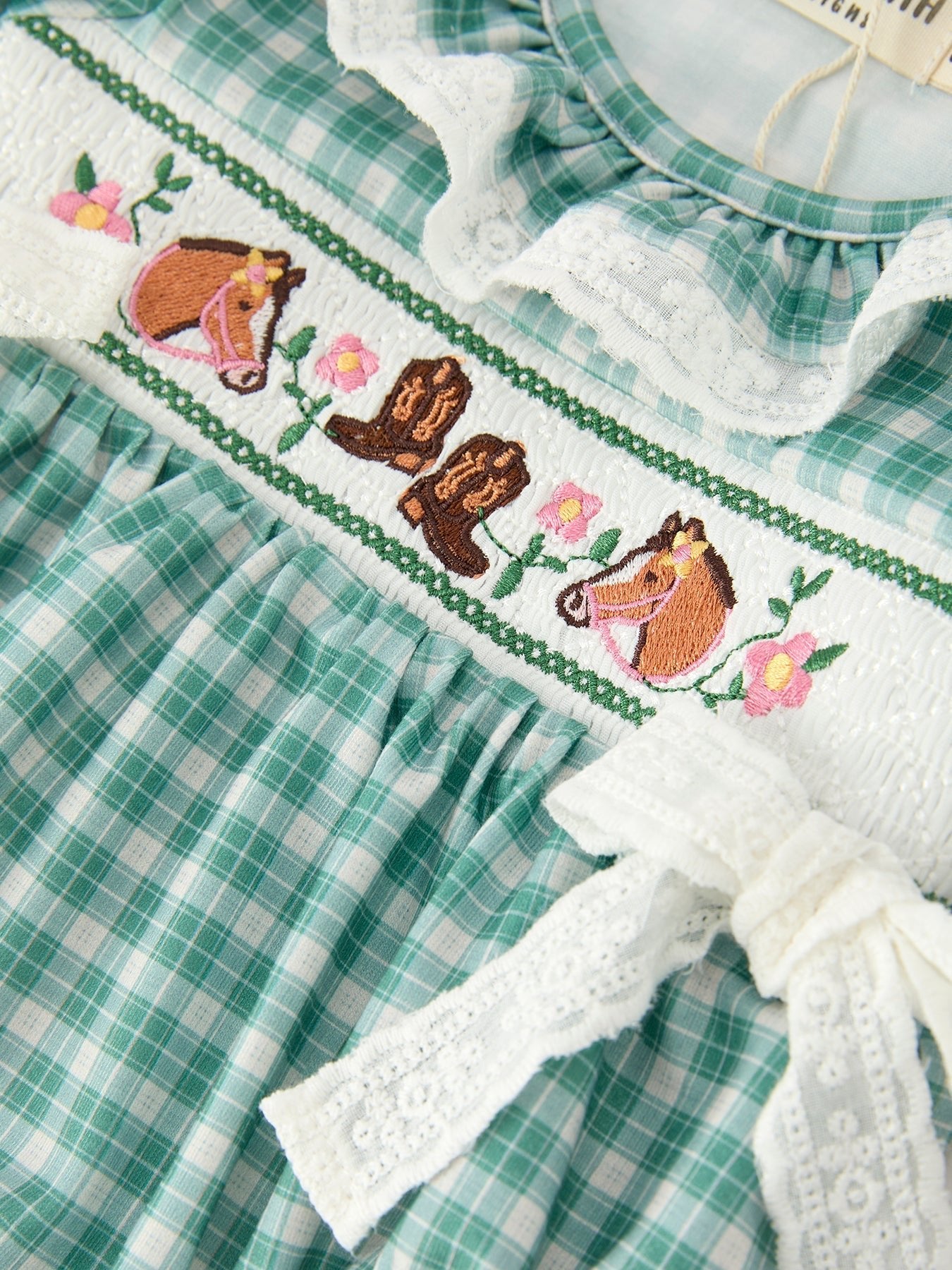 Western Plaid Horse Embroidered Girl Bubble Romper - Abbies Place