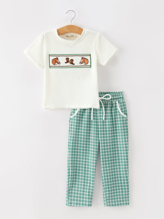 Western Plaid Horse Embroidery Boy Pants Set - Abbies Place