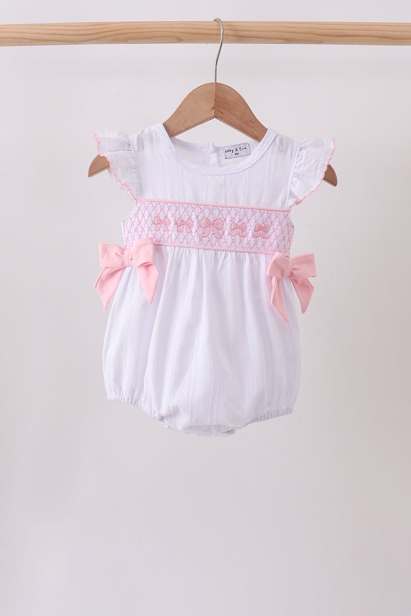 White Bow Smocked Jacquard Bubble - Abbies Place