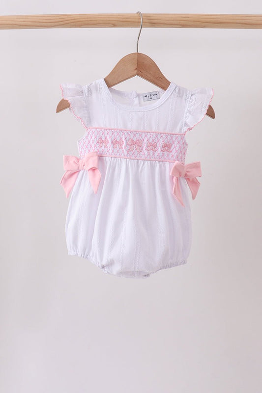 White Bow Smocked Jacquard Bubble - Abbies Place