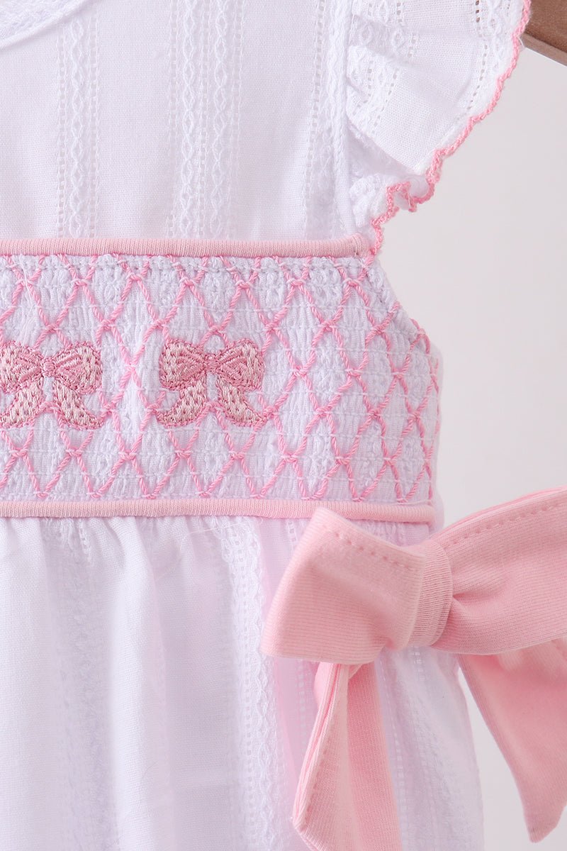 White Bow Smocked Jacquard Bubble - Abbies Place