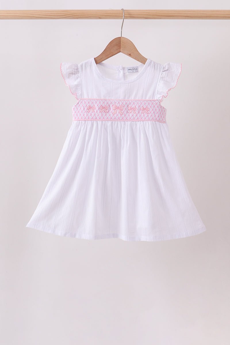 White Bow Smocked Jacquard Dress - Abbies Place