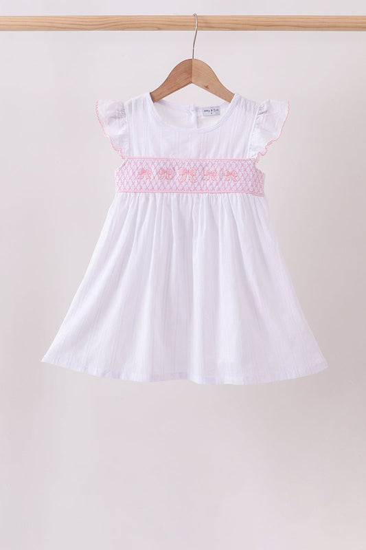 White Bow Smocked Jacquard Dress - Abbies Place