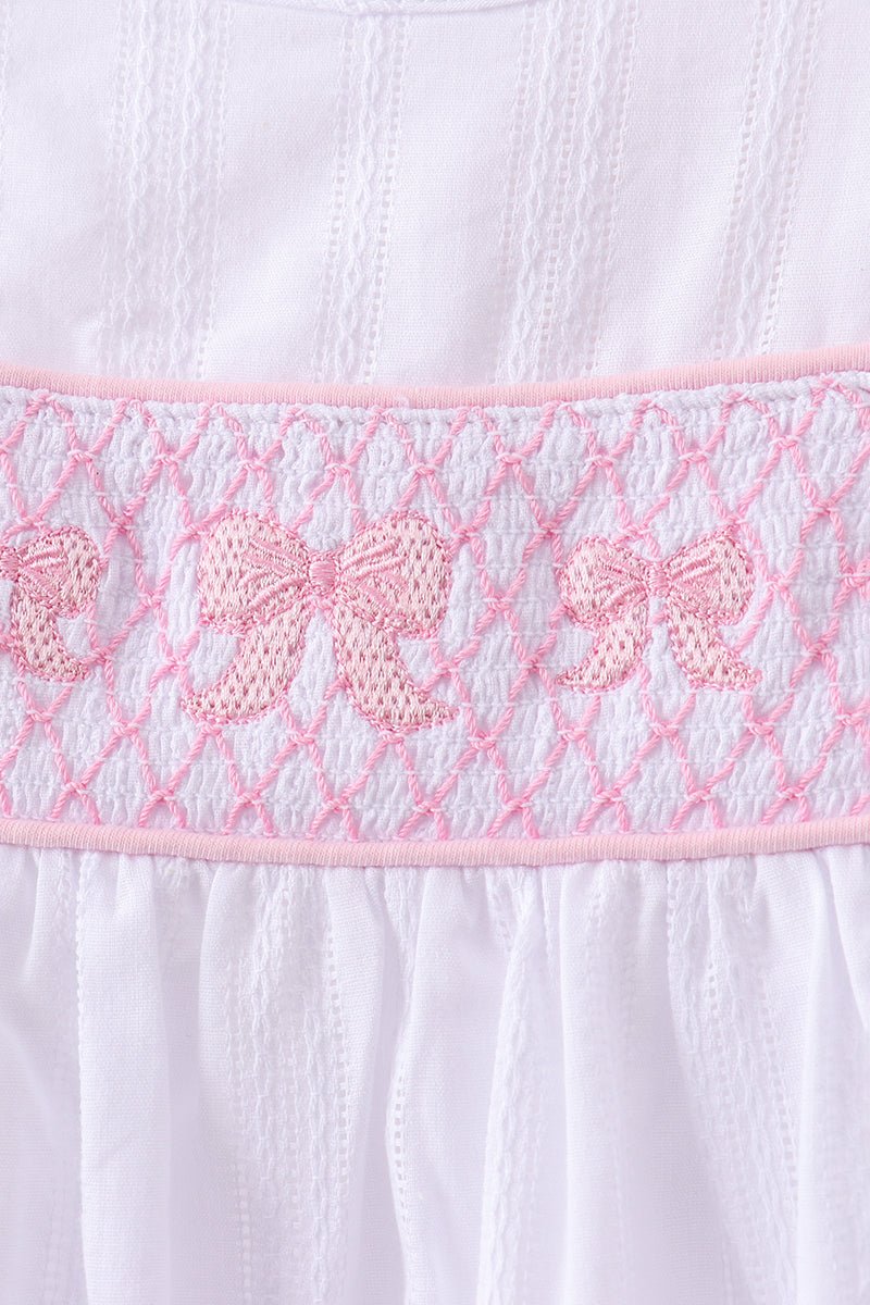 White Bow Smocked Jacquard Dress - Abbies Place