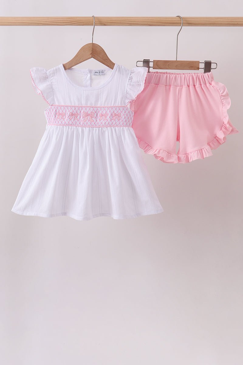White Bow Smocked Jacquard Ruffle Shorts Set - Abbies Place