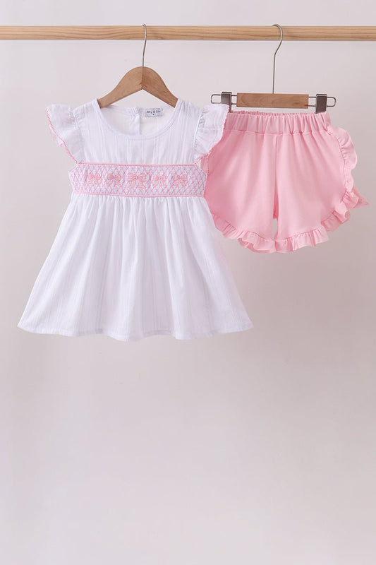 White Bow Smocked Jacquard Ruffle Shorts Set - Abbies Place