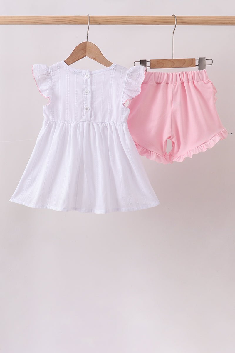 White Bow Smocked Jacquard Ruffle Shorts Set - Abbies Place