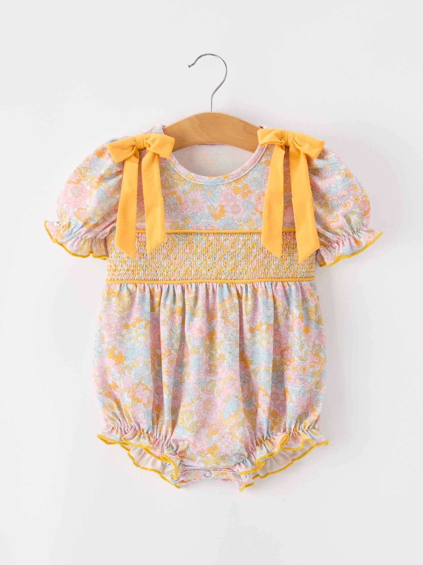 Yellow Bow Smocked Floral Baby Bubble - Abbies Place