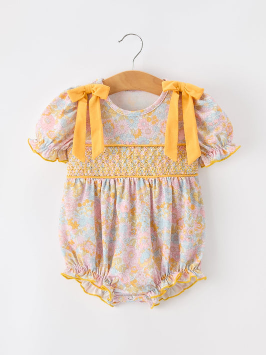 Yellow Bow Smocked Floral Baby Bubble - Abbies Place
