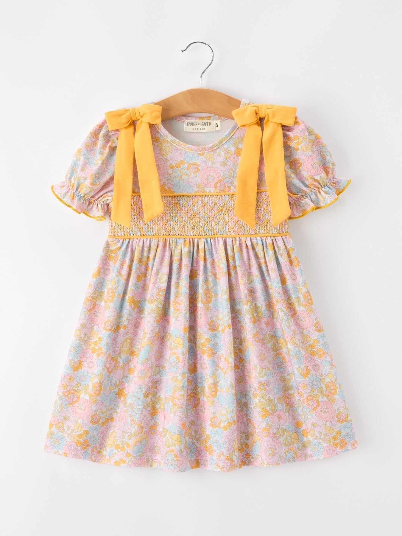 Yellow Bow Smocked Floral Girl Dress - Abbies Place