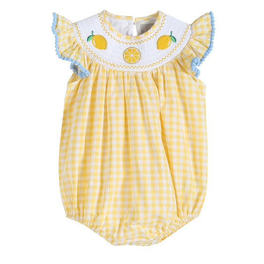 Yellow Gingham Lemon Smocked Flutter Romper - Abbies Place
